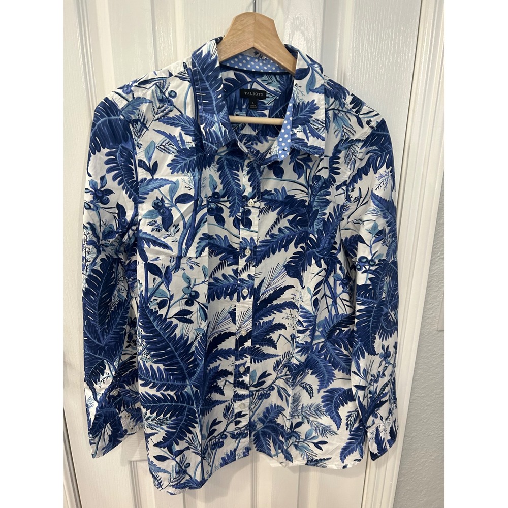 Talbots Button Down Shirt Blue White Tropical Palm Print Cotton Polka Dot Trim